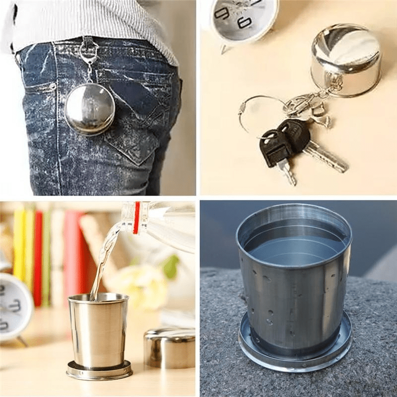 75ml stainless steel folding cup with keychain, ideal for camping and hiking. Hand wash only. Reusable and recyclable.