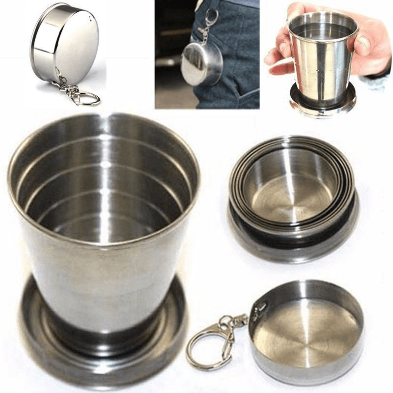 75ml stainless steel folding cup with keychain, ideal for camping and hiking. Hand wash only. Reusable and recyclable.