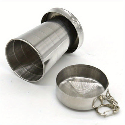 75ml stainless steel folding cup with keychain, ideal for camping and hiking. Hand wash only. Reusable and recyclable.