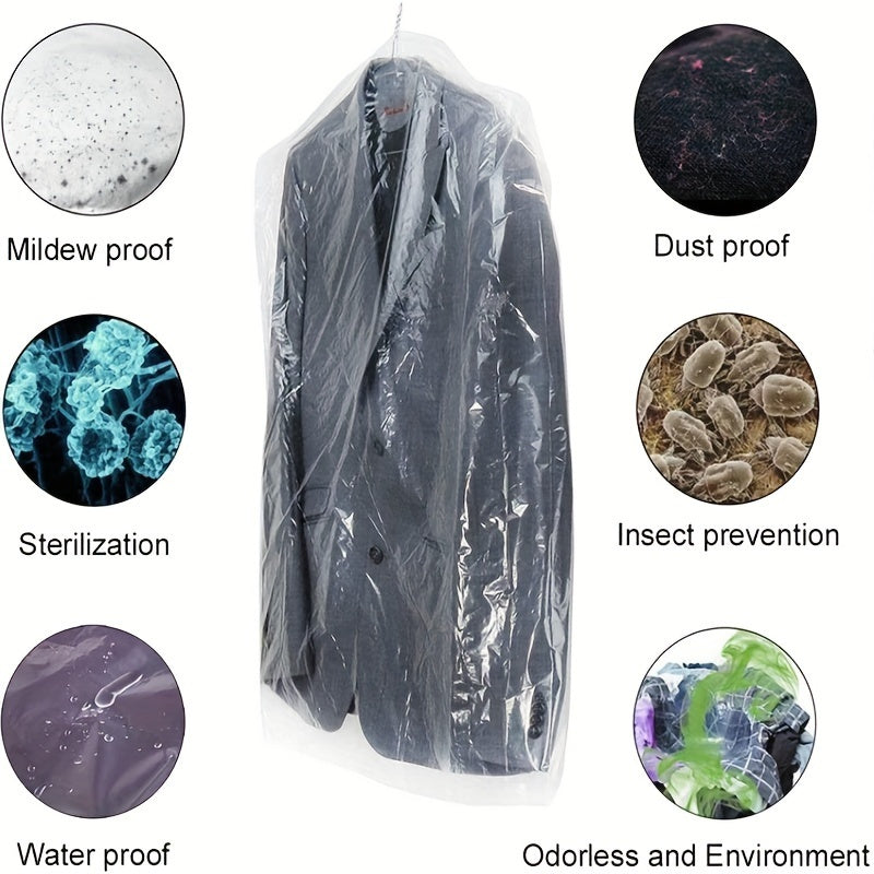 Transparent Suit Dust Cover Bags - Pack of 50, Plastic Hanging Clothes Storage Bags for Shirts, Suits, Dresses, Coats. Portable Dustproof Garment Bags for Household Storage Organization in Bedroom, Closet, Wardrobe, Home, Dorm.