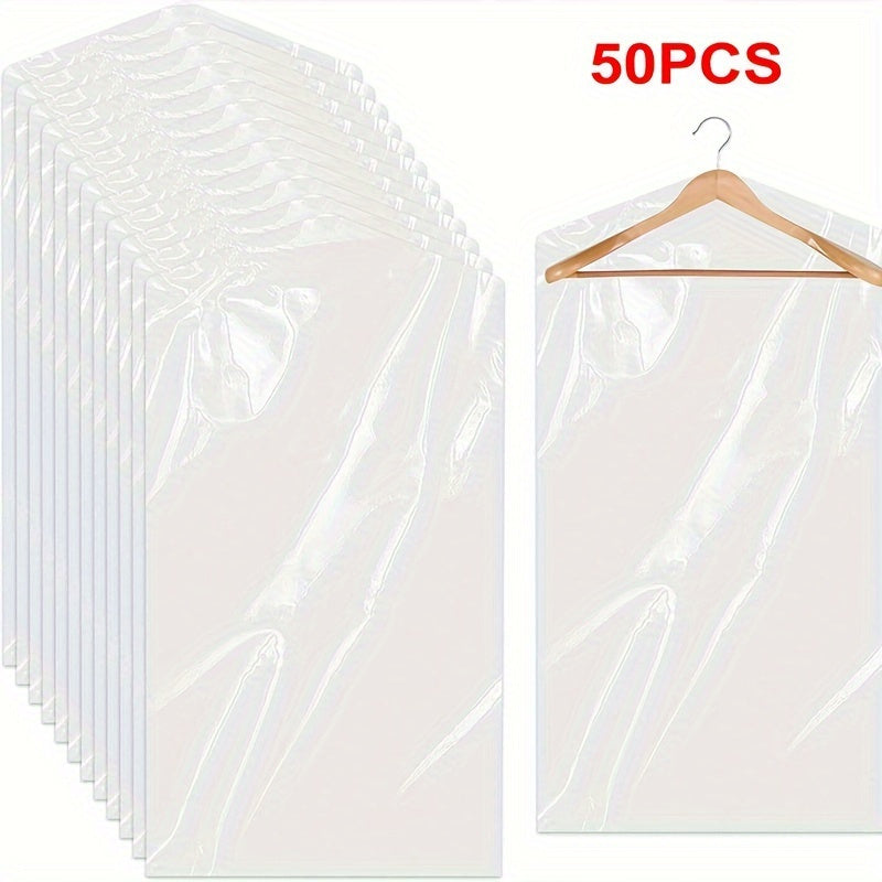 Transparent Suit Dust Cover Bags - Pack of 50, Plastic Hanging Clothes Storage Bags for Shirts, Suits, Dresses, Coats. Portable Dustproof Garment Bags for Household Storage Organization in Bedroom, Closet, Wardrobe, Home, Dorm.