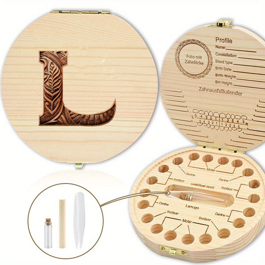 Wooden keepsake box for teeth with personalized letter engraving - perfect for storing mementos such as teeth, umbilical cord, and lanugo. Makes a great gift for Christmas, Halloween, or Thanksgiving.