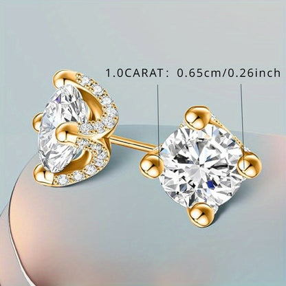 These European and American Fashion Sterling Silver Stud Earrings feature two 1 Carat Moissanite stones set in four claws. They showcase a creative personality with a gorgeous, mature, and luxurious design. These earrings are versatile, perfect for daily