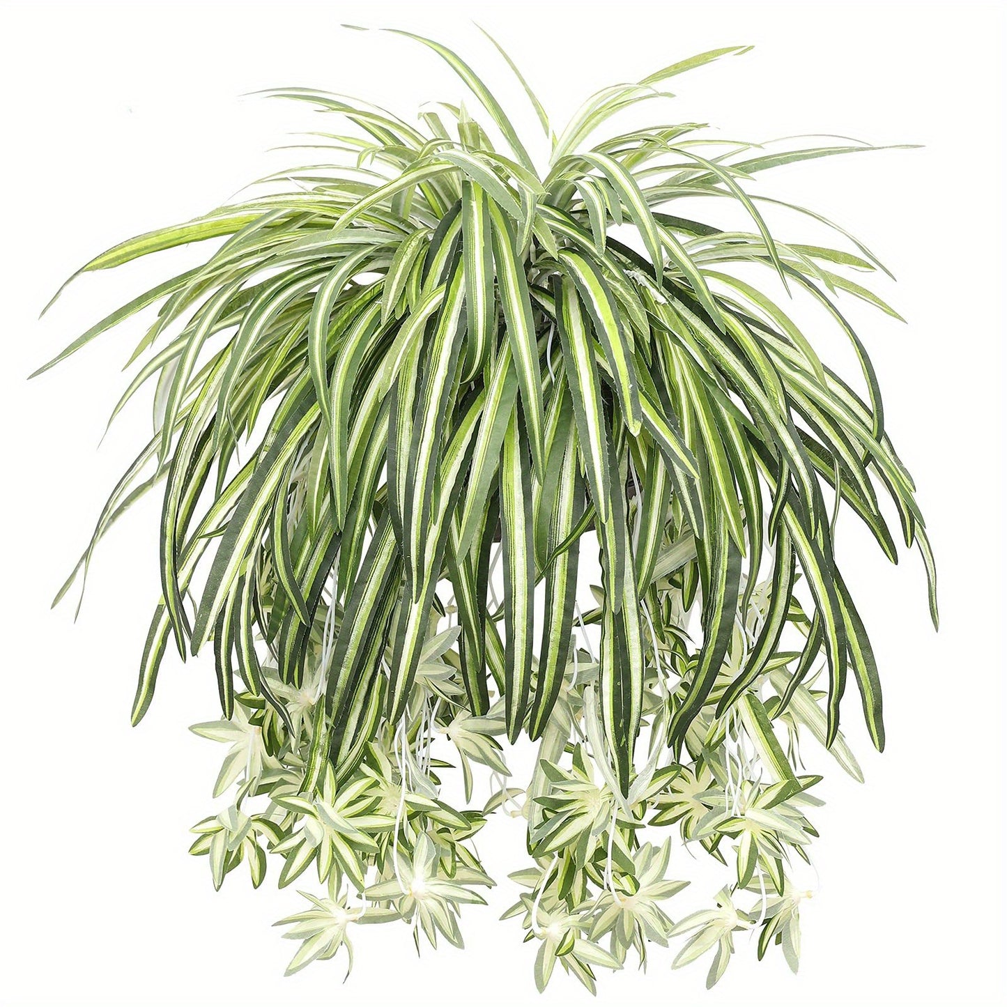 2 faux spider plants made of lifelike fabric for home, office, and wedding decor. Pot not included.