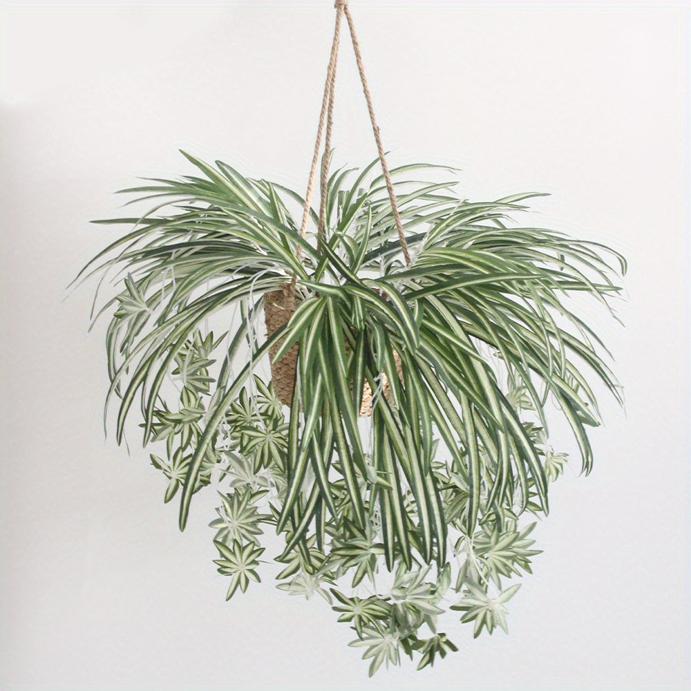 2 faux spider plants made of lifelike fabric for home, office, and wedding decor. Pot not included.