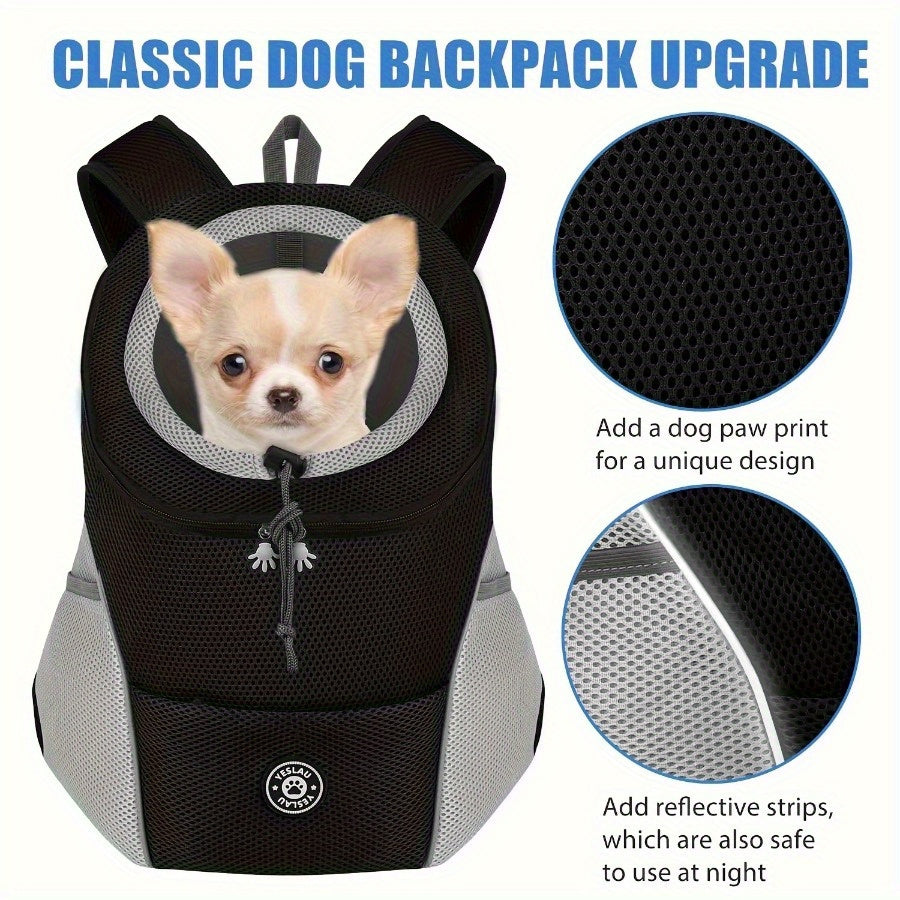 Comfortable cotton dog carrier backpack with drawstring.