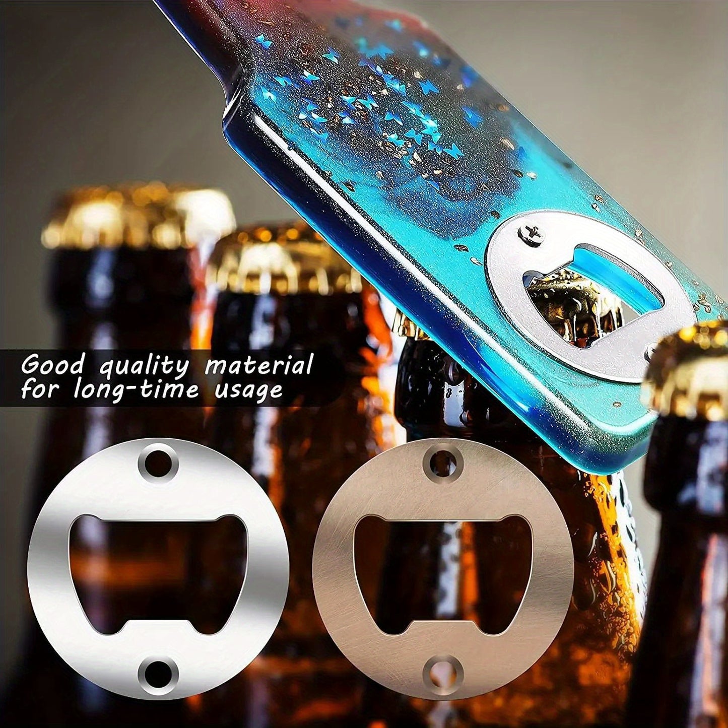 DIY Bottle Opener Insert Kits available in sets of 10, 30, or 50. Made of stainless steel for resin mold projects.