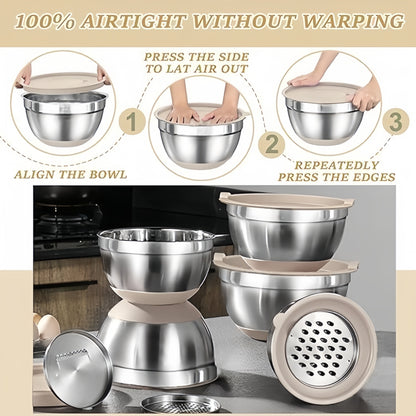 6-piece Stainless Steel Mixing Bowl Set with airtight lids, 3 grater attachments, non-slip base, and multipurpose kitchen essentials for mixing, serving, and baking.