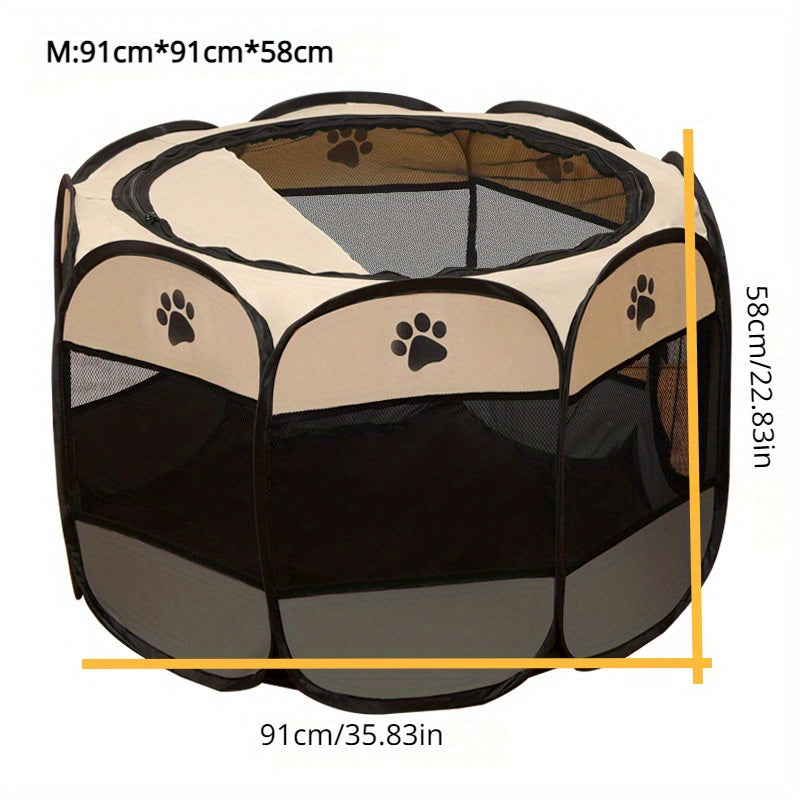 Portable pet playpen for cats and small dogs, made of durable Oxford fabric with easy-set pop-up design and mesh windows. Ideal for indoor/outdoor use, travel, and camping. Dimensions