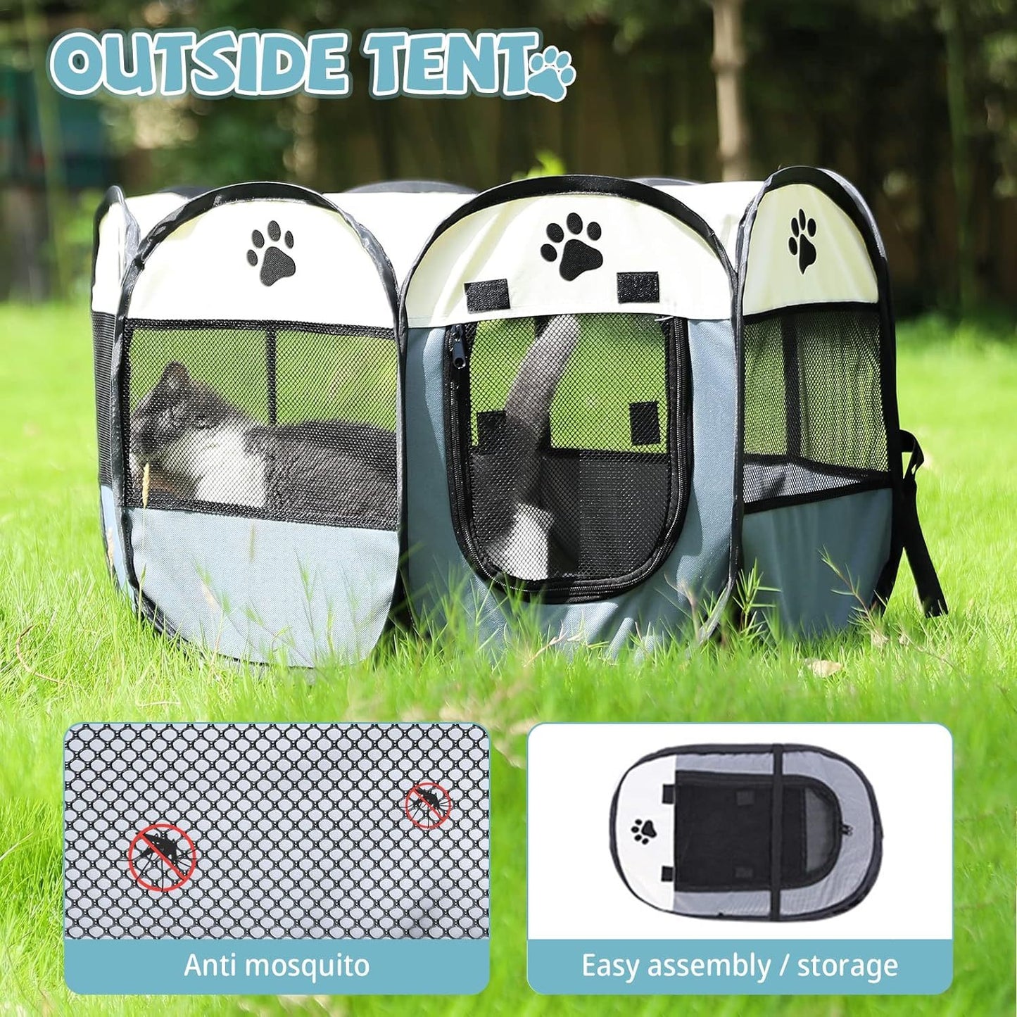 Portable pet playpen for cats and small dogs, made of durable Oxford fabric with easy-set pop-up design and mesh windows. Ideal for indoor/outdoor use, travel, and camping. Dimensions