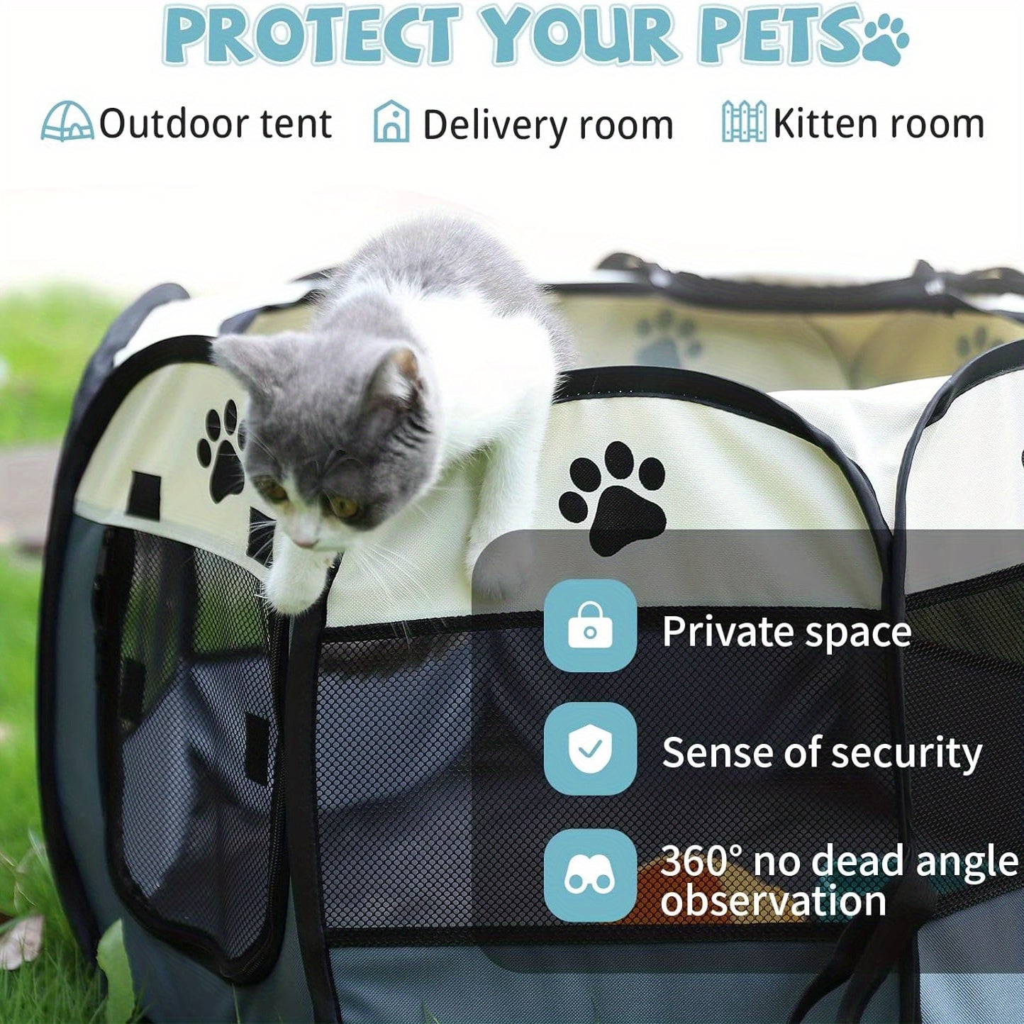 Portable pet playpen for cats and small dogs, made of durable Oxford fabric with easy-set pop-up design and mesh windows. Ideal for indoor/outdoor use, travel, and camping. Dimensions