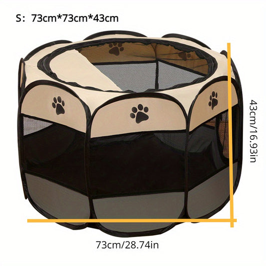 Portable pet playpen for cats and small dogs, made of durable Oxford fabric with easy-set pop-up design and mesh windows. Ideal for indoor/outdoor use, travel, and camping. Dimensions