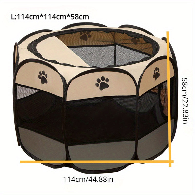 Portable pet playpen for cats and small dogs, made of durable Oxford fabric with easy-set pop-up design and mesh windows. Ideal for indoor/outdoor use, travel, and camping. Dimensions