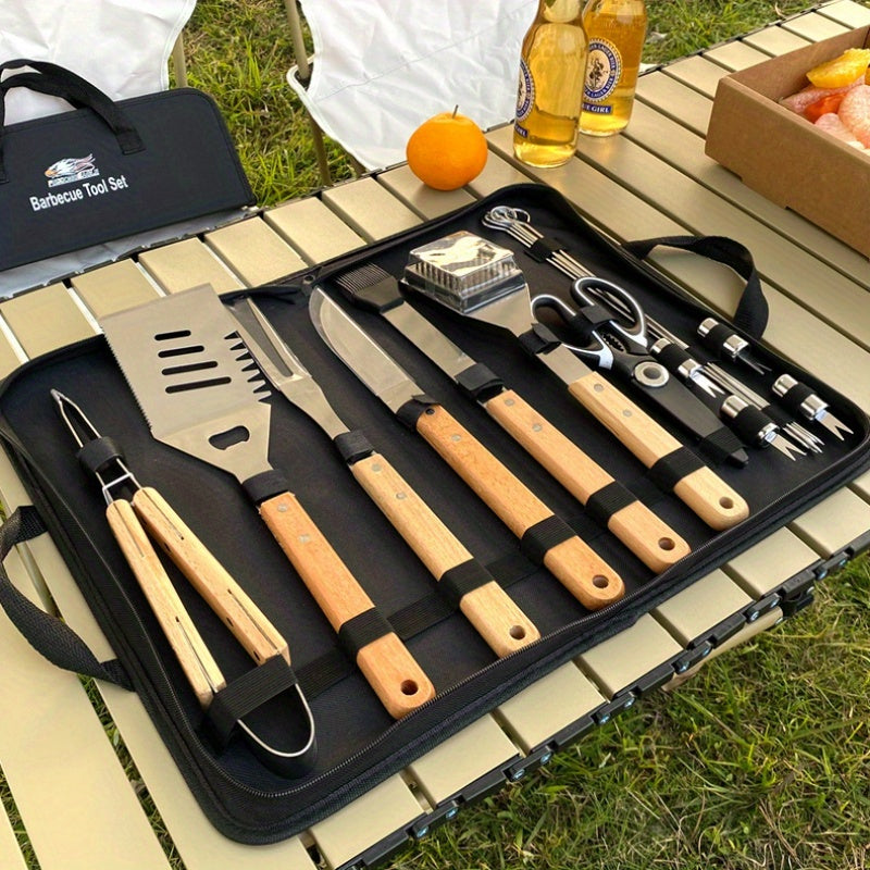 Stainless Steel BBQ Griddle Tool Set featuring Wood Handles- Portable Cooking and Baking Kit for Camping and Outdoor Use