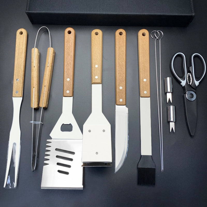 Stainless Steel BBQ Griddle Tool Set featuring Wood Handles- Portable Cooking and Baking Kit for Camping and Outdoor Use