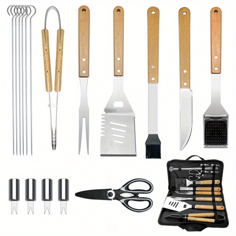 Stainless Steel BBQ Griddle Tool Set featuring Wood Handles- Portable Cooking and Baking Kit for Camping and Outdoor Use