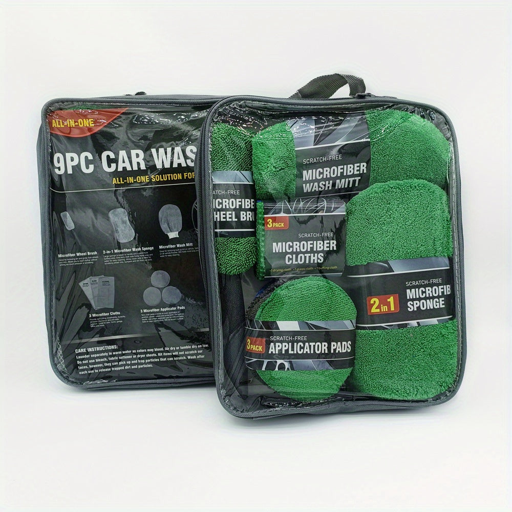 9-Piece car wash set includes microfiber cloths, applicator pads, and wheel brush. Scratch-free and suitable for hard, smooth, and wet surfaces.