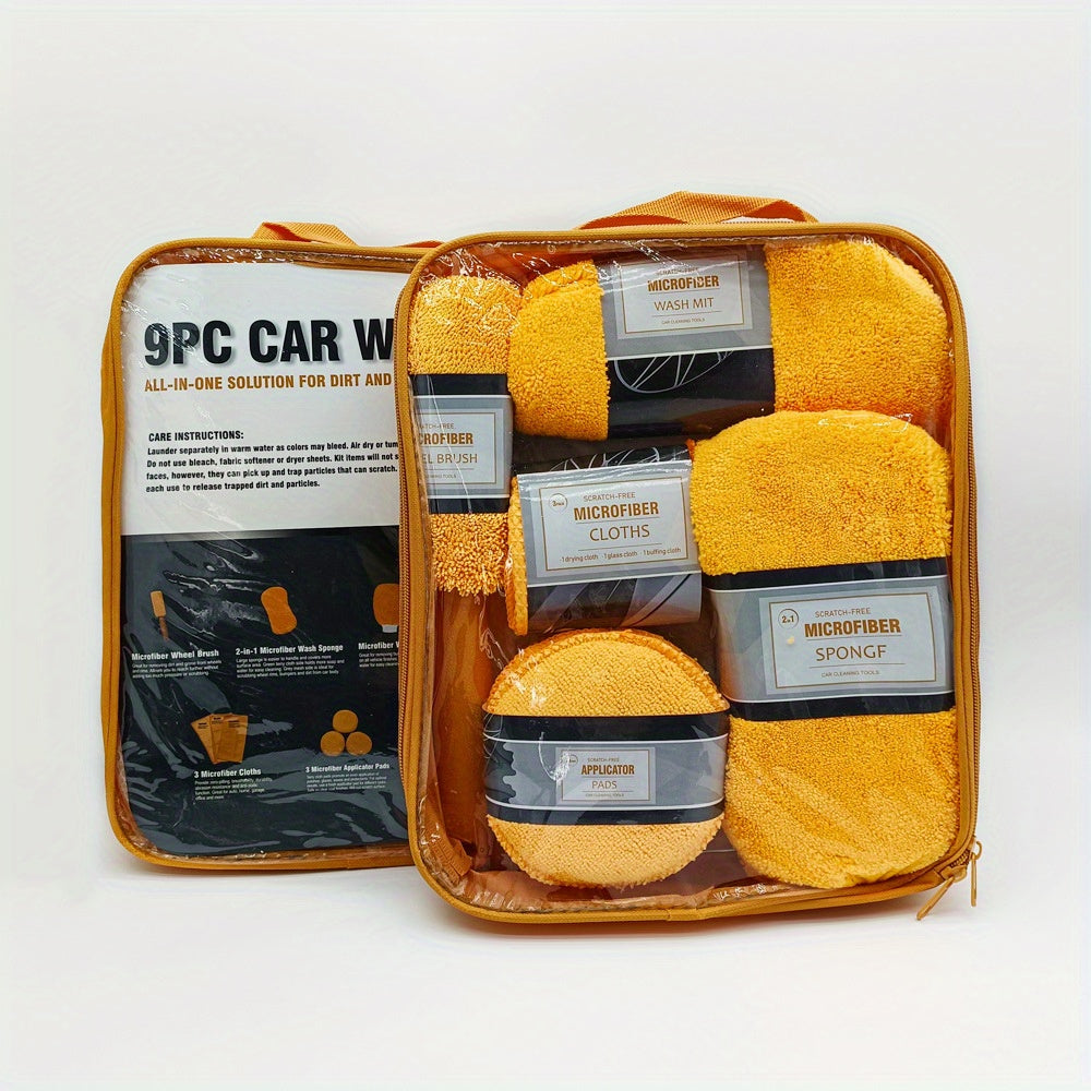 9-Piece car wash set includes microfiber cloths, applicator pads, and wheel brush. Scratch-free and suitable for hard, smooth, and wet surfaces.