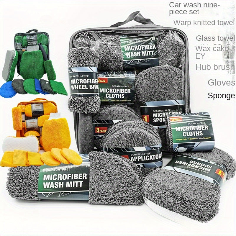 9-Piece car wash set includes microfiber cloths, applicator pads, and wheel brush. Scratch-free and suitable for hard, smooth, and wet surfaces.