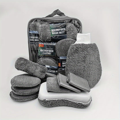 9-Piece car wash set includes microfiber cloths, applicator pads, and wheel brush. Scratch-free and suitable for hard, smooth, and wet surfaces.