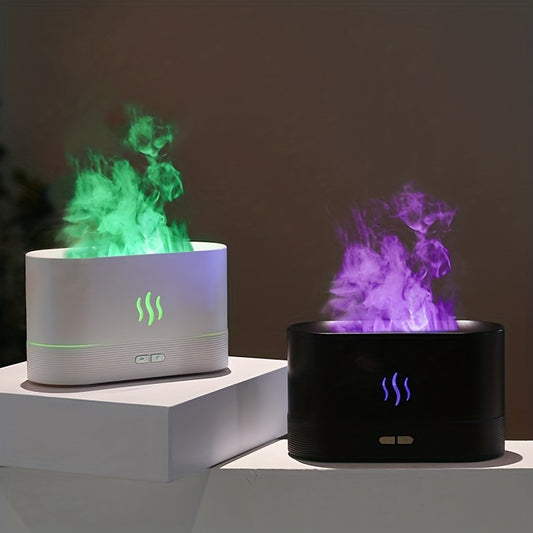 Portable cool mist humidifier with LED color-changing lights, USB powered, essential oil diffuser for different room types, improves home air quality, modern home decor, durable plastic body.