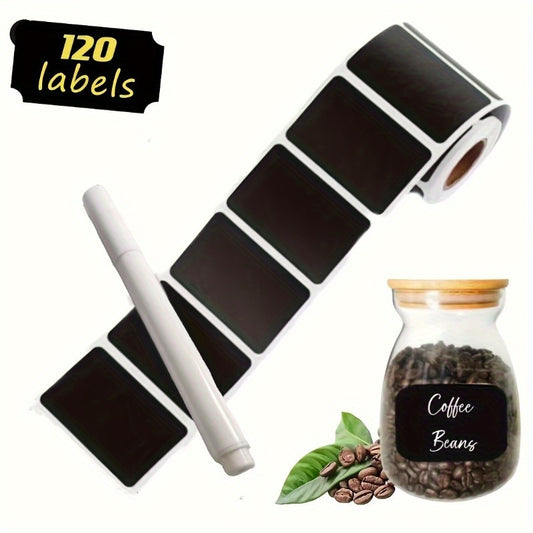 120pcs waterproof blackboard sticker labels with pen, perfect for storage bins, parties, craft rooms, weddings, art supplies.