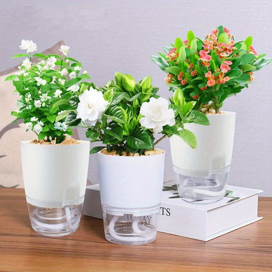 3 Self-Watering Planters with Watering Bottle - Plastic Pots for House Plants, Herbs, Indoor Gardening - Wicking Flower Pots, No Electricity Required