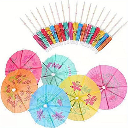 50 vibrant bamboo umbrella cocktail picks for Hawaiian parties, weddings, and birthdays. They are decorative, reusable, and washable. Perfect for garnishing drinks and fruit.