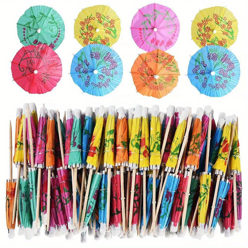 50 vibrant bamboo umbrella cocktail picks for Hawaiian parties, weddings, and birthdays. They are decorative, reusable, and washable. Perfect for garnishing drinks and fruit.