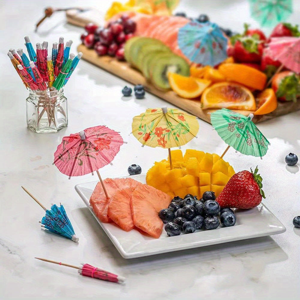 50 vibrant bamboo umbrella cocktail picks for Hawaiian parties, weddings, and birthdays. They are decorative, reusable, and washable. Perfect for garnishing drinks and fruit.