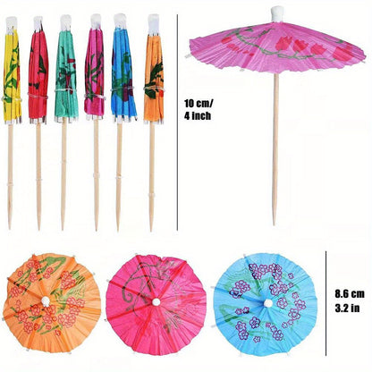 50 vibrant bamboo umbrella cocktail picks for Hawaiian parties, weddings, and birthdays. They are decorative, reusable, and washable. Perfect for garnishing drinks and fruit.