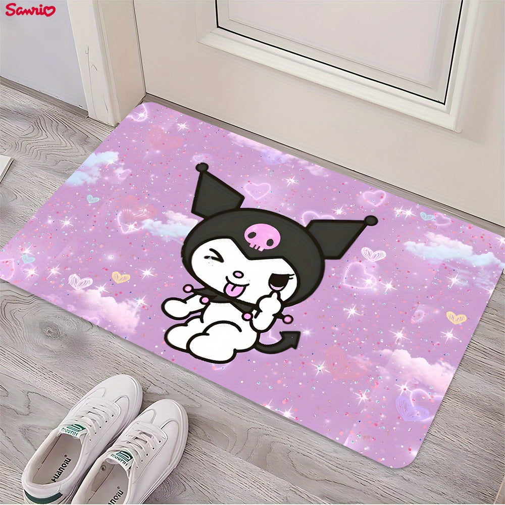 Soft and thickened Sanrio Kuromi area rug for bathroom, living room, bedroom, and laundry. Non-slip and machine washable. Made of flannel sponge for home and room decor.