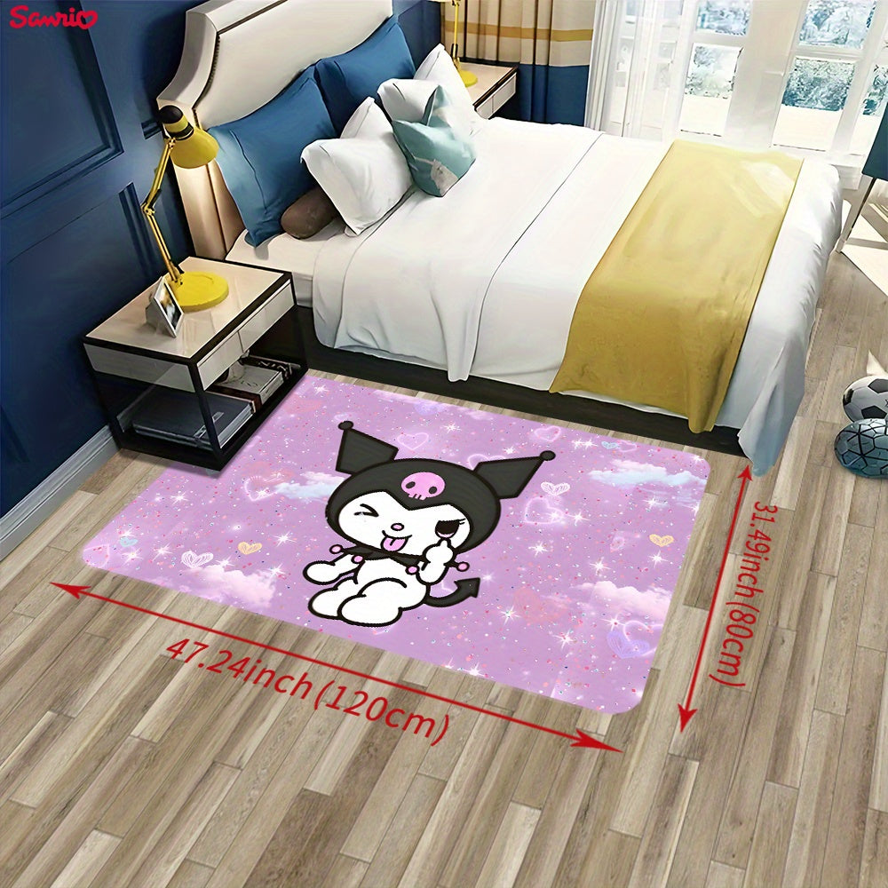 Soft and thickened Sanrio Kuromi area rug for bathroom, living room, bedroom, and laundry. Non-slip and machine washable. Made of flannel sponge for home and room decor.