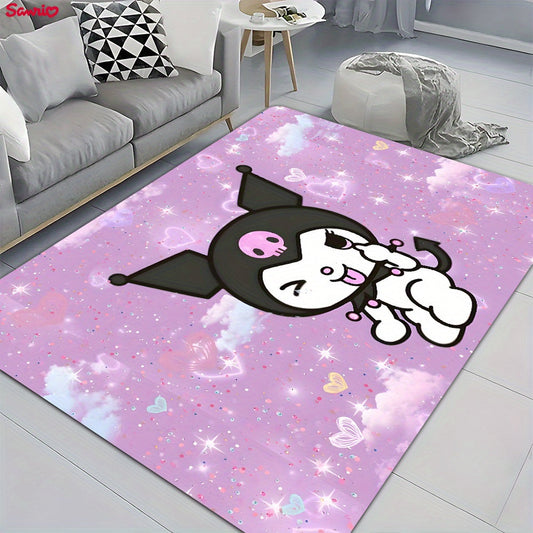 Soft and thickened Sanrio Kuromi area rug for bathroom, living room, bedroom, and laundry. Non-slip and machine washable. Made of flannel sponge for home and room decor.