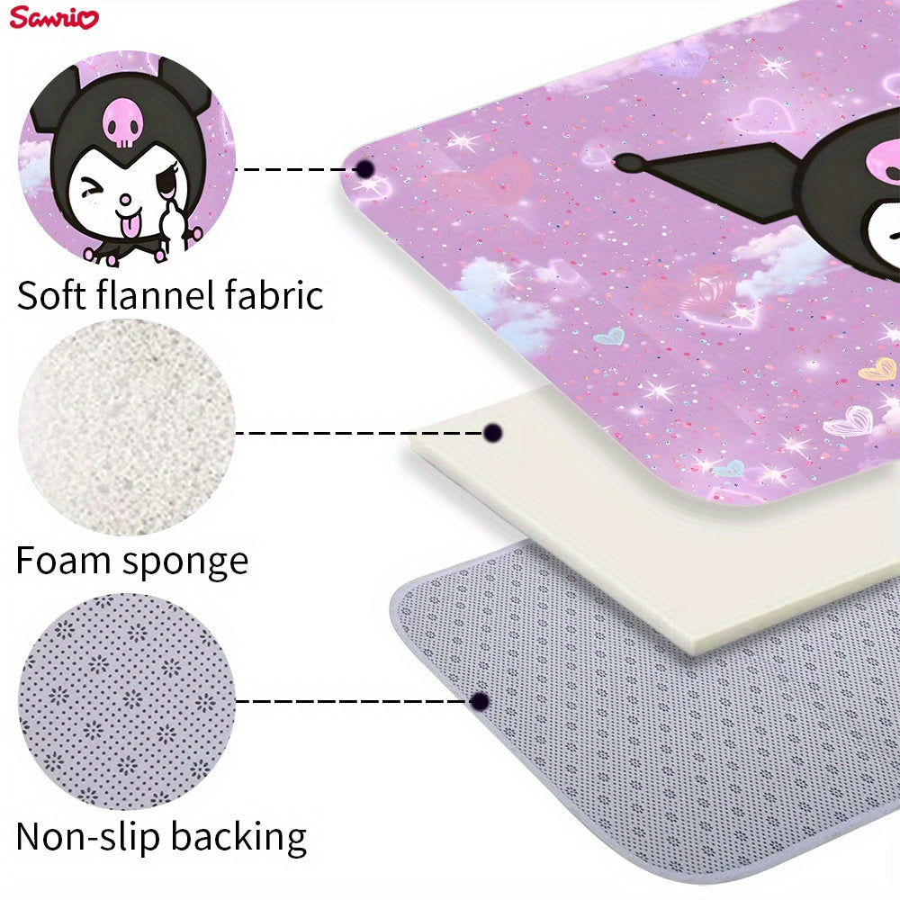 Soft and thickened Sanrio Kuromi area rug for bathroom, living room, bedroom, and laundry. Non-slip and machine washable. Made of flannel sponge for home and room decor.