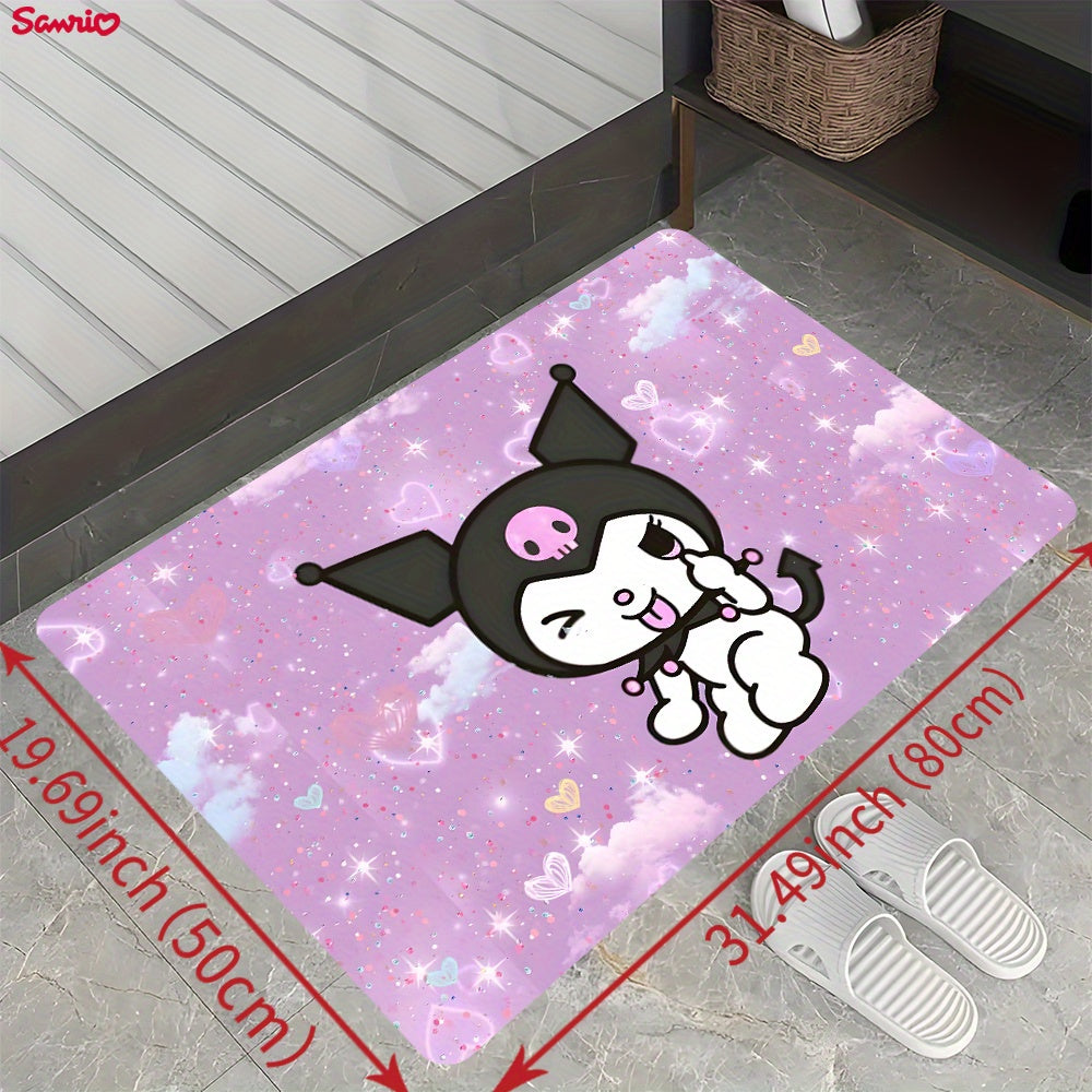 Soft and thickened Sanrio Kuromi area rug for bathroom, living room, bedroom, and laundry. Non-slip and machine washable. Made of flannel sponge for home and room decor.