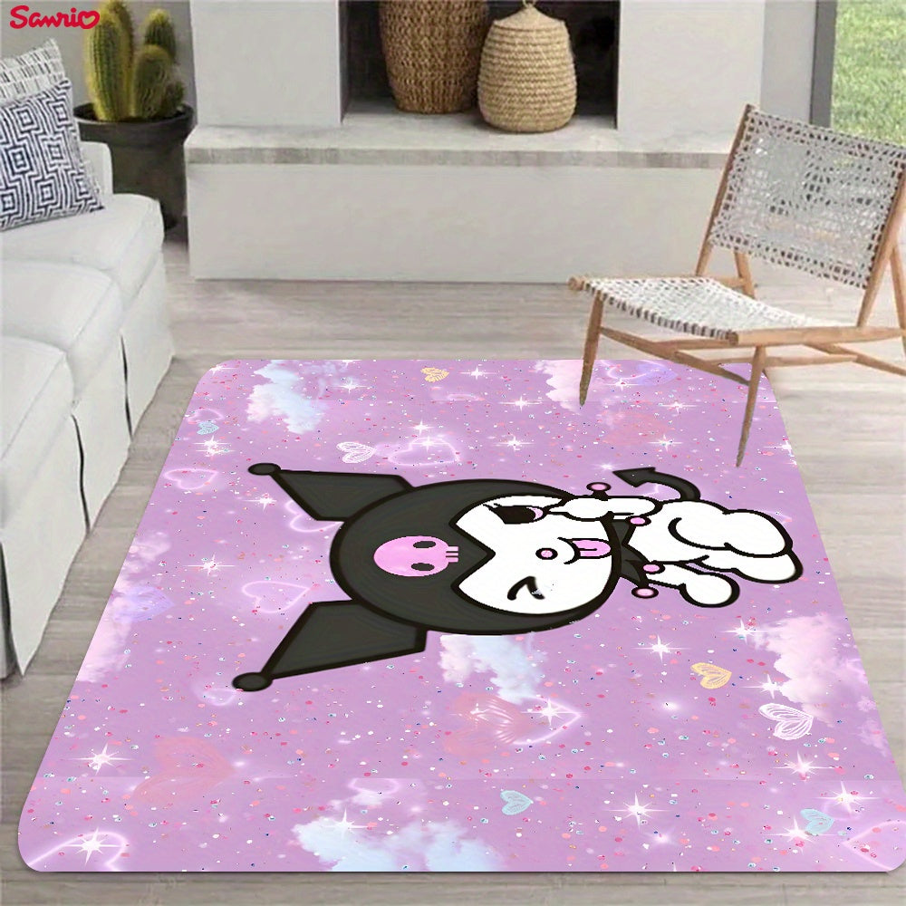 Soft and thickened Sanrio Kuromi area rug for bathroom, living room, bedroom, and laundry. Non-slip and machine washable. Made of flannel sponge for home and room decor.