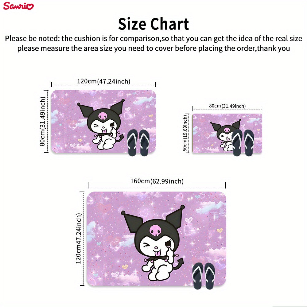 Soft and thickened Sanrio Kuromi area rug for bathroom, living room, bedroom, and laundry. Non-slip and machine washable. Made of flannel sponge for home and room decor.