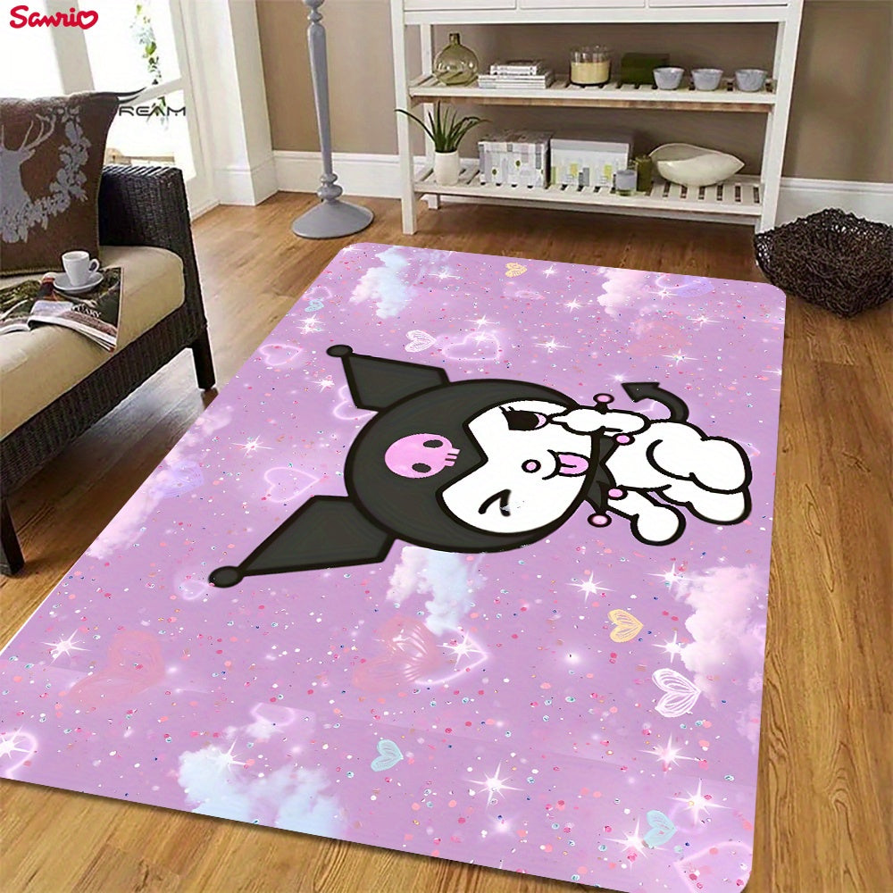 Soft and thickened Sanrio Kuromi area rug for bathroom, living room, bedroom, and laundry. Non-slip and machine washable. Made of flannel sponge for home and room decor.