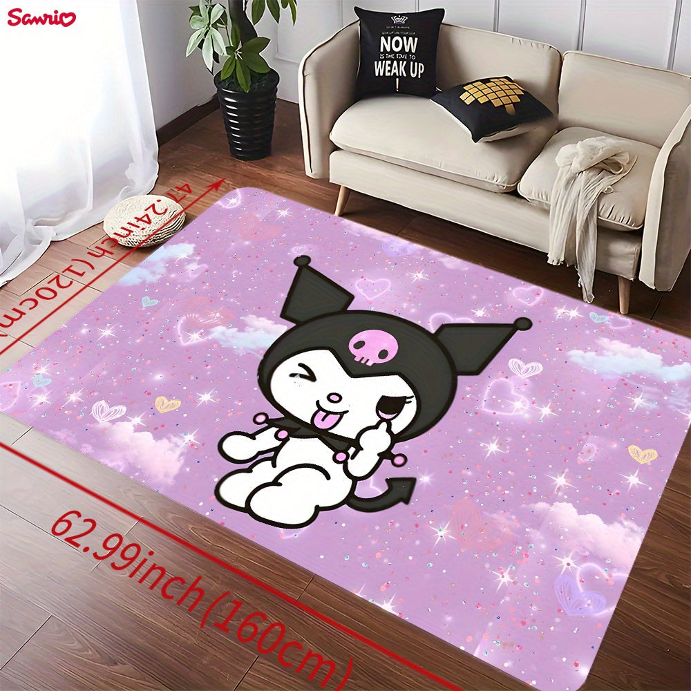 Soft and thickened Sanrio Kuromi area rug for bathroom, living room, bedroom, and laundry. Non-slip and machine washable. Made of flannel sponge for home and room decor.