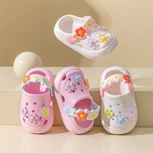 Stylish flower bear slip-on water shoes for girls, breathable and non-slip for indoor/outdoor use.