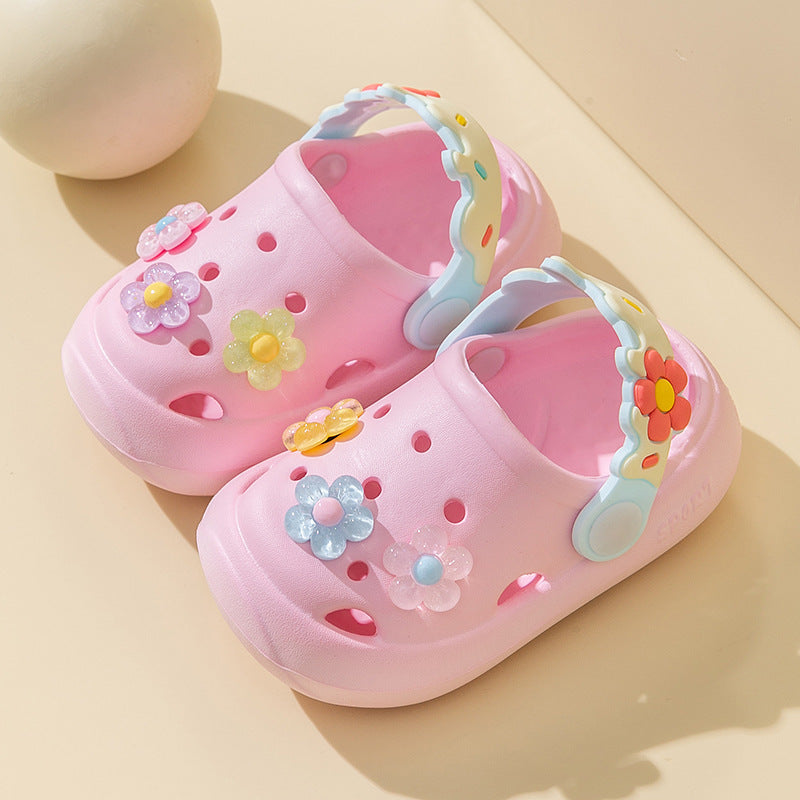 Stylish flower bear slip-on water shoes for girls, breathable and non-slip for indoor/outdoor use.