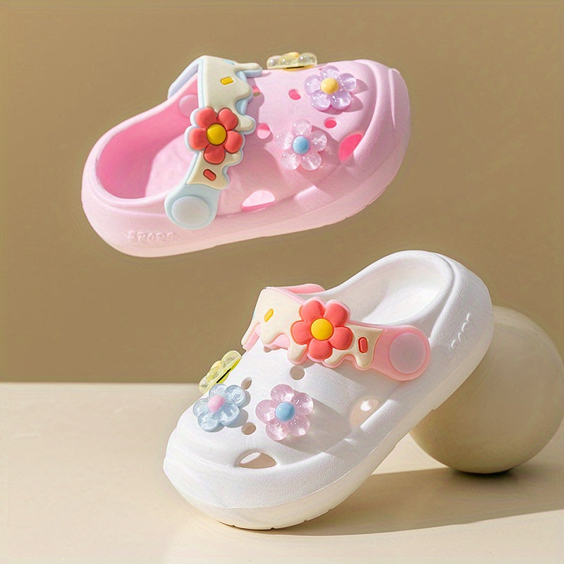 Stylish flower bear slip-on water shoes for girls, breathable and non-slip for indoor/outdoor use.