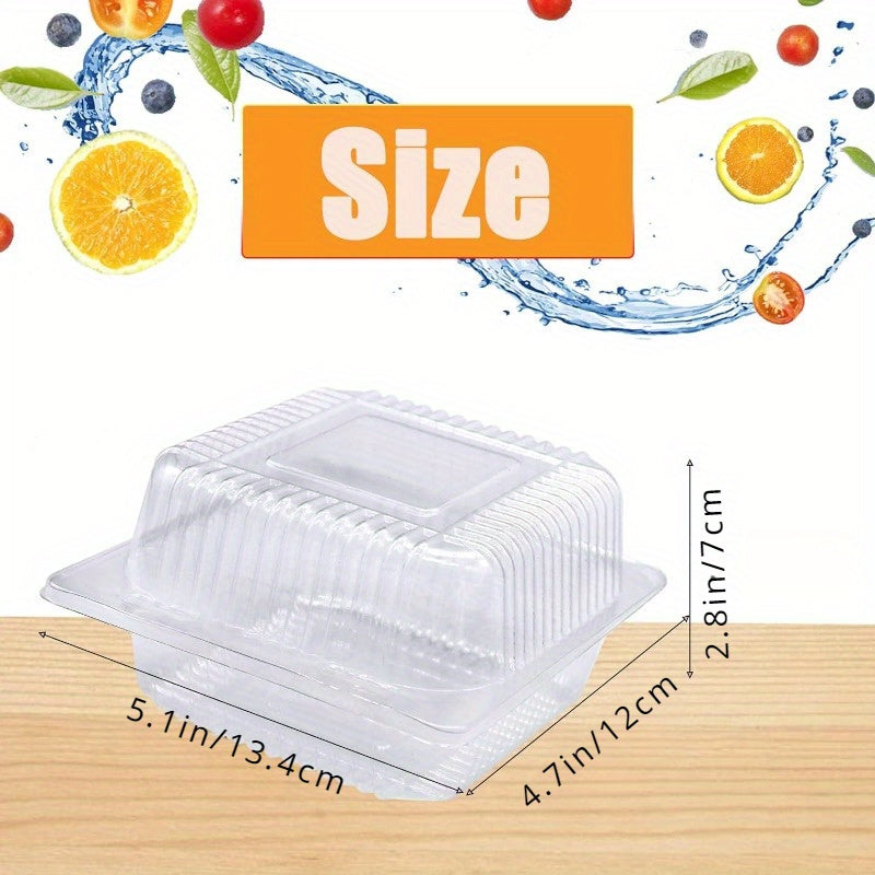 Clear Plastic Take Out Containers available in quantities of 50, 100, and 200 pieces. These disposable Fancy Hinged Top Square Clamshell Food Boxes are perfect for holding cake slices and other dishes. Each container comes with a clear lid for easy