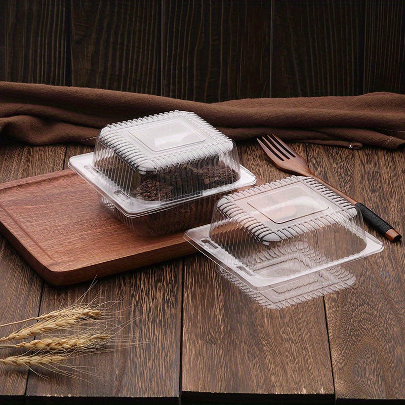 Clear Plastic Take Out Containers available in quantities of 50, 100, and 200 pieces. These disposable Fancy Hinged Top Square Clamshell Food Boxes are perfect for holding cake slices and other dishes. Each container comes with a clear lid for easy