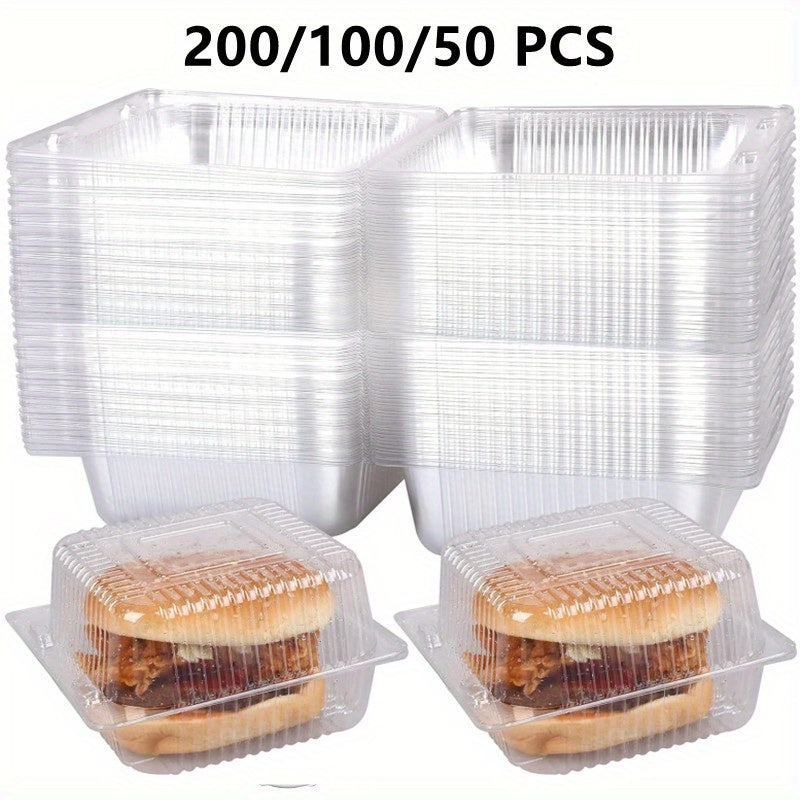 Clear Plastic Take Out Containers available in quantities of 50, 100, and 200 pieces. These disposable Fancy Hinged Top Square Clamshell Food Boxes are perfect for holding cake slices and other dishes. Each container comes with a clear lid for easy