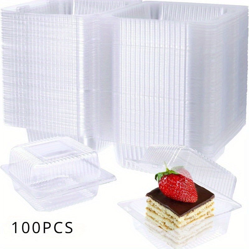 Clear Plastic Take Out Containers available in quantities of 50, 100, and 200 pieces. These disposable Fancy Hinged Top Square Clamshell Food Boxes are perfect for holding cake slices and other dishes. Each container comes with a clear lid for easy