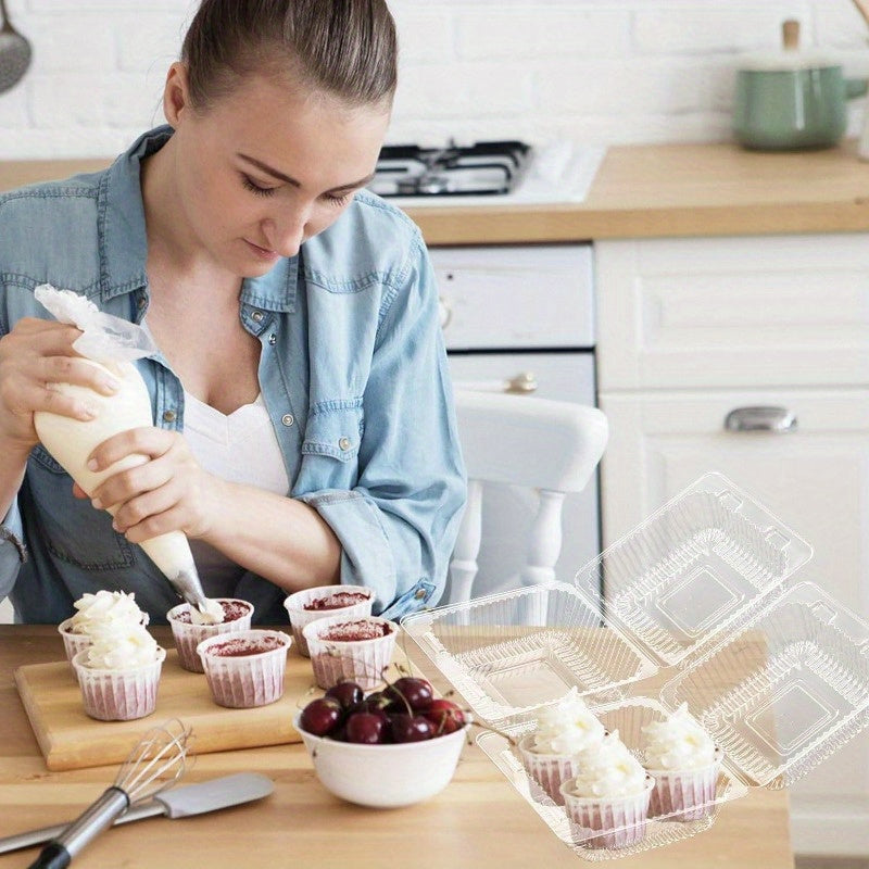 Clear Plastic Take Out Containers available in quantities of 50, 100, and 200 pieces. These disposable Fancy Hinged Top Square Clamshell Food Boxes are perfect for holding cake slices and other dishes. Each container comes with a clear lid for easy