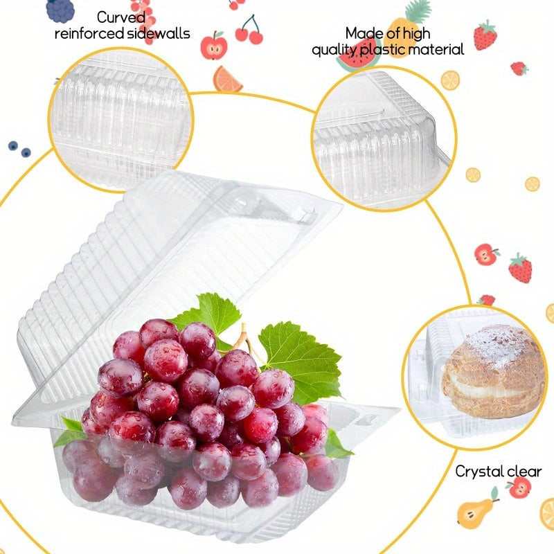 Clear Plastic Take Out Containers available in quantities of 50, 100, and 200 pieces. These disposable Fancy Hinged Top Square Clamshell Food Boxes are perfect for holding cake slices and other dishes. Each container comes with a clear lid for easy