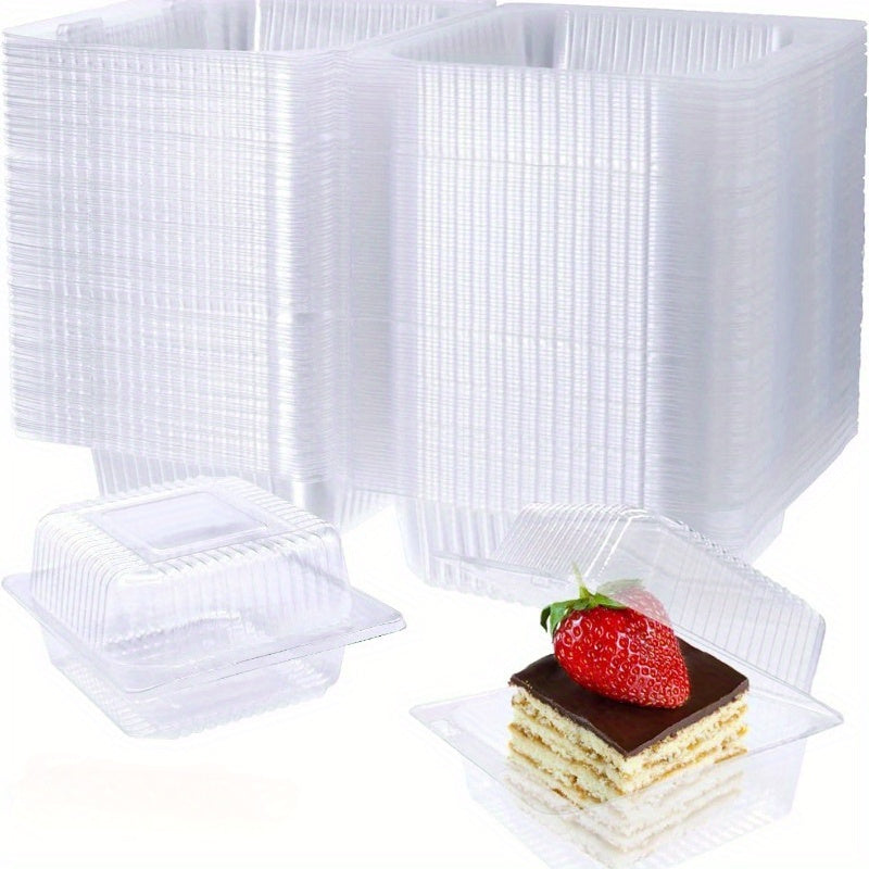 Clear Plastic Take Out Containers available in quantities of 50, 100, and 200 pieces. These disposable Fancy Hinged Top Square Clamshell Food Boxes are perfect for holding cake slices and other dishes. Each container comes with a clear lid for easy